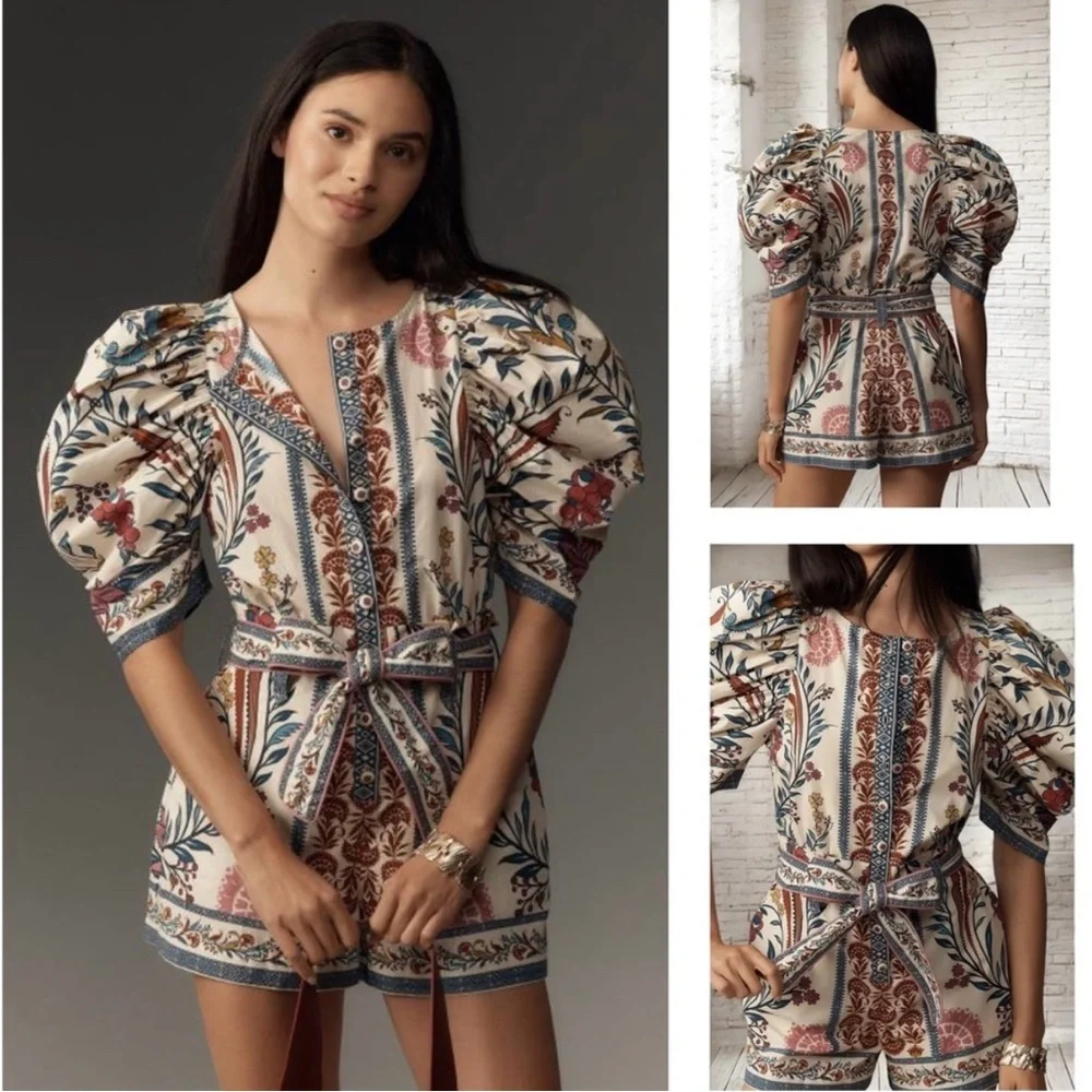 NWT FARM Rio Romantic Lightness Puff Short Sleeve Romper in Blue Pattern Size S - Picture 4 of 16